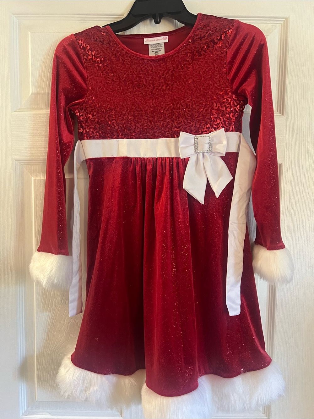 Bonnie Jean Red Velvet Holiday Dress with White Bow and Fur